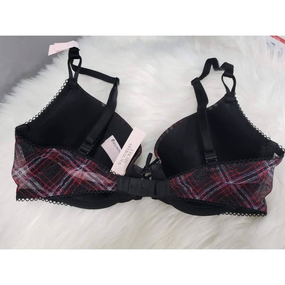 NEW 32D VICTORIA'S SECRET LIGHTLY LINED DEMI BRA  BLACK SHIMMER CHECKERED PLAID